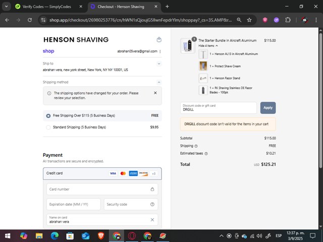 Henson Shaving checkout page showing Henson Shaving discount code box | Screenshot taken by SimplyCodes community member on Sep 3, 2025