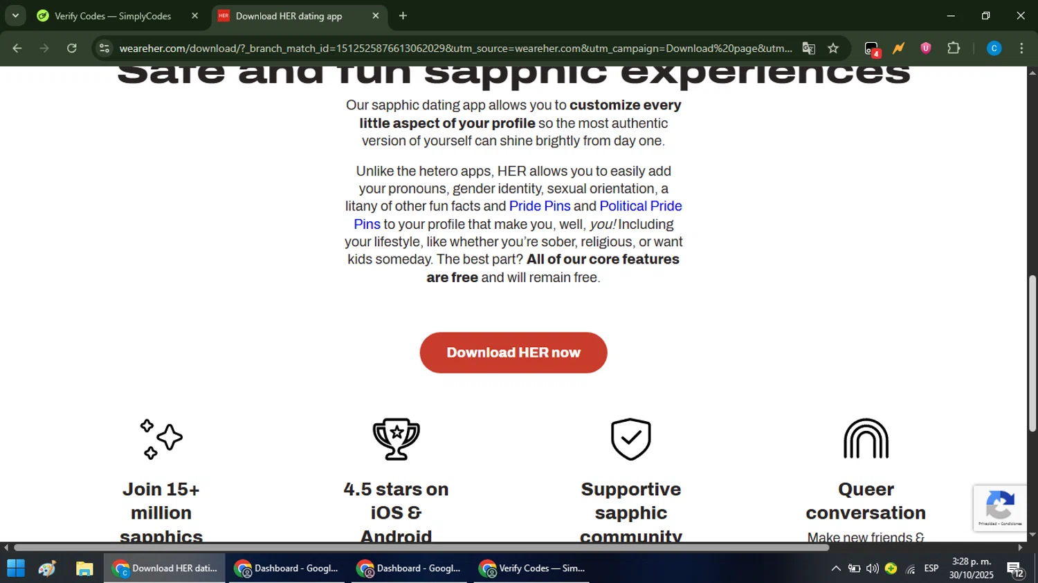 Her promo code screenshot showing code FALL20 applied at Her checkout page. Uploaded by SimplyCodes community member NobleFox488 on Oct 30, 2025