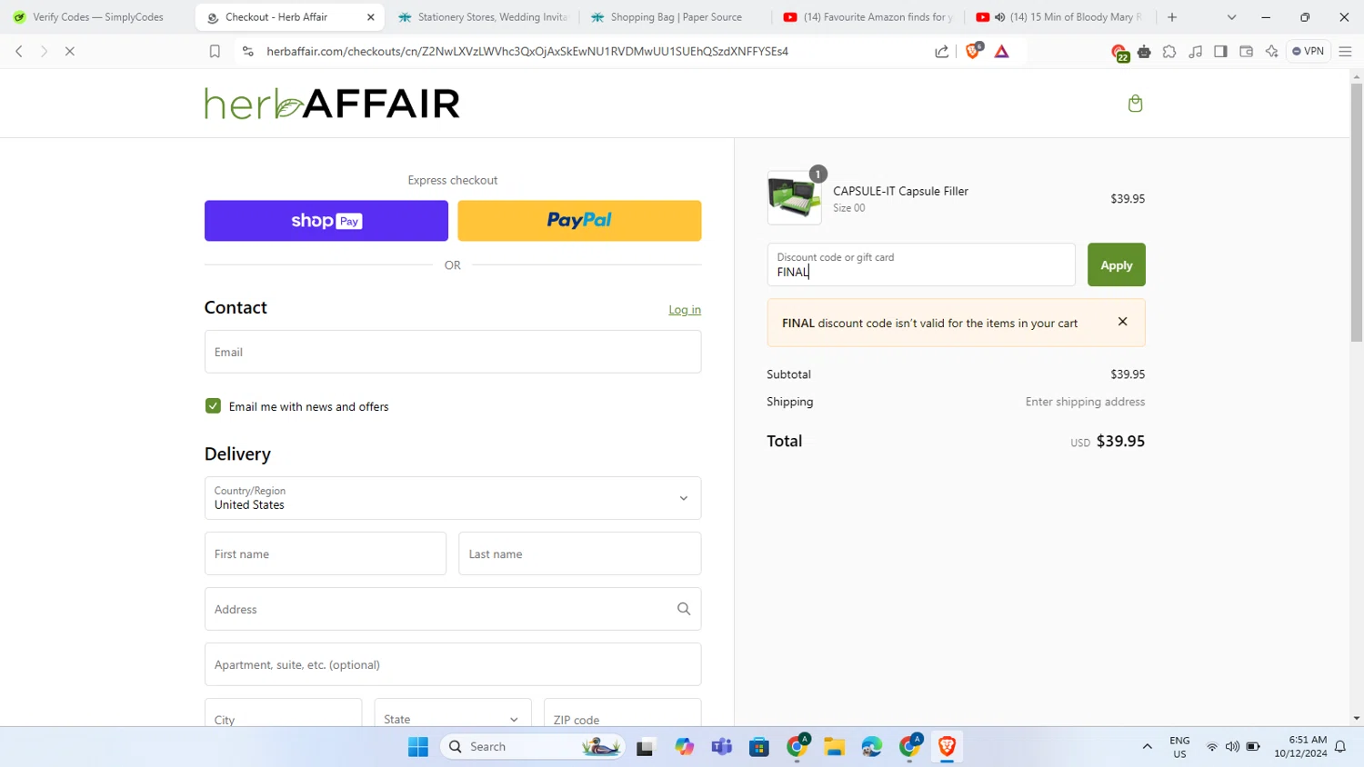 where to use Herb Affair promo code box