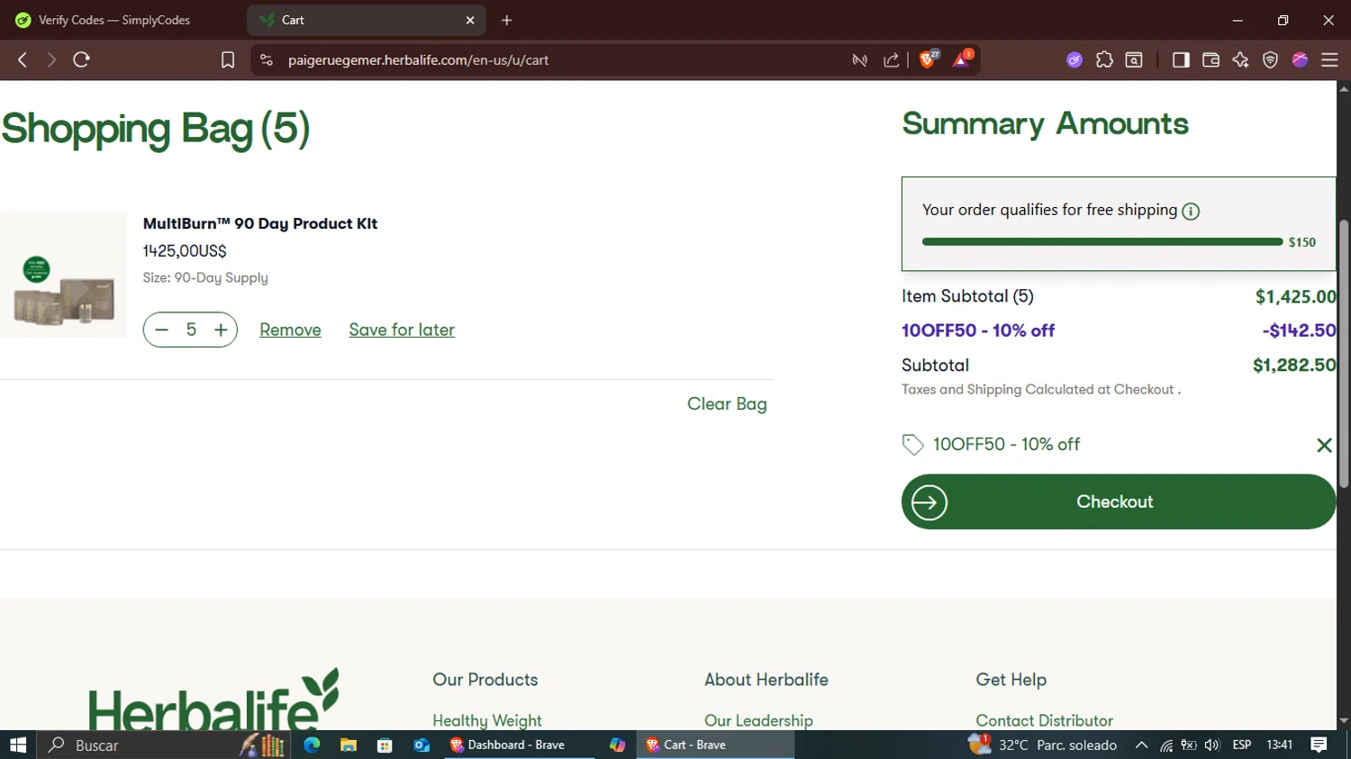 Herbalife discount code screenshot showing code 10off50 applied at Herbalife checkout page. Uploaded by SimplyCodes community member Suguru_Geto on Aug 11, 2025