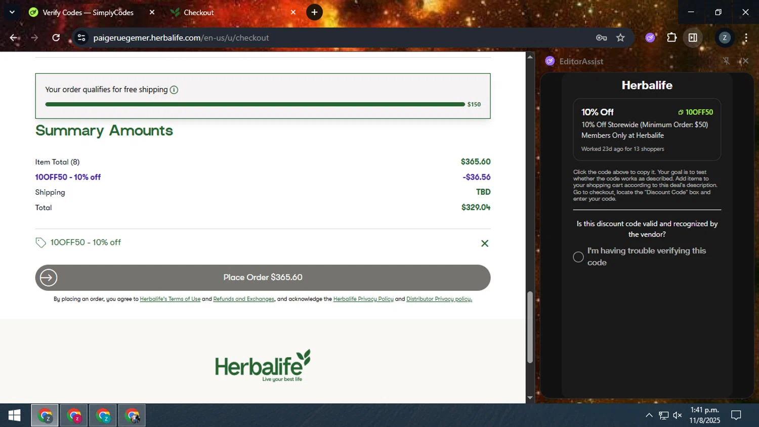 Herbalife discount code screenshot showing code 10off50 applied at Herbalife checkout page. Uploaded by SimplyCodes community member zadquiel on Aug 11, 2025
