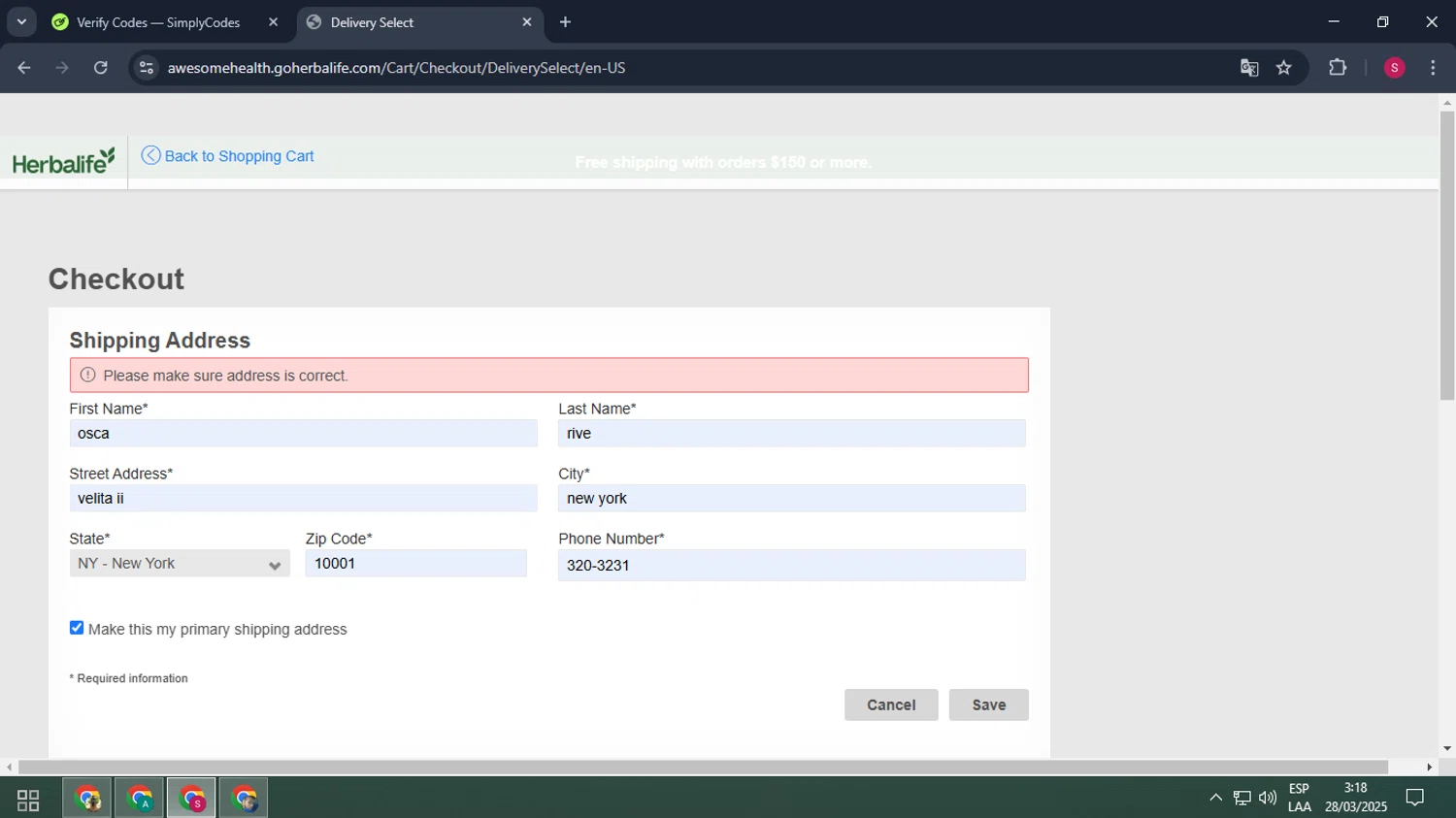 Herbalife discount code screenshot showing code ACHIEVEYOURGOALS applied at Herbalife checkout page. Uploaded by SimplyCodes community member BALLERINA on Mar 28, 2025