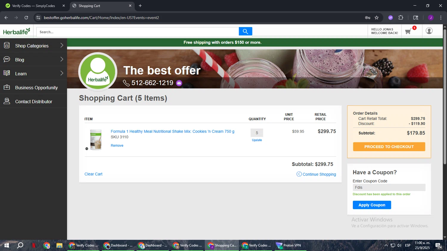 Herbalife discount code screenshot showing code FDIS applied at Herbalife checkout page. Uploaded by SimplyCodes community member ComeBurra123 on Sep 23, 2025