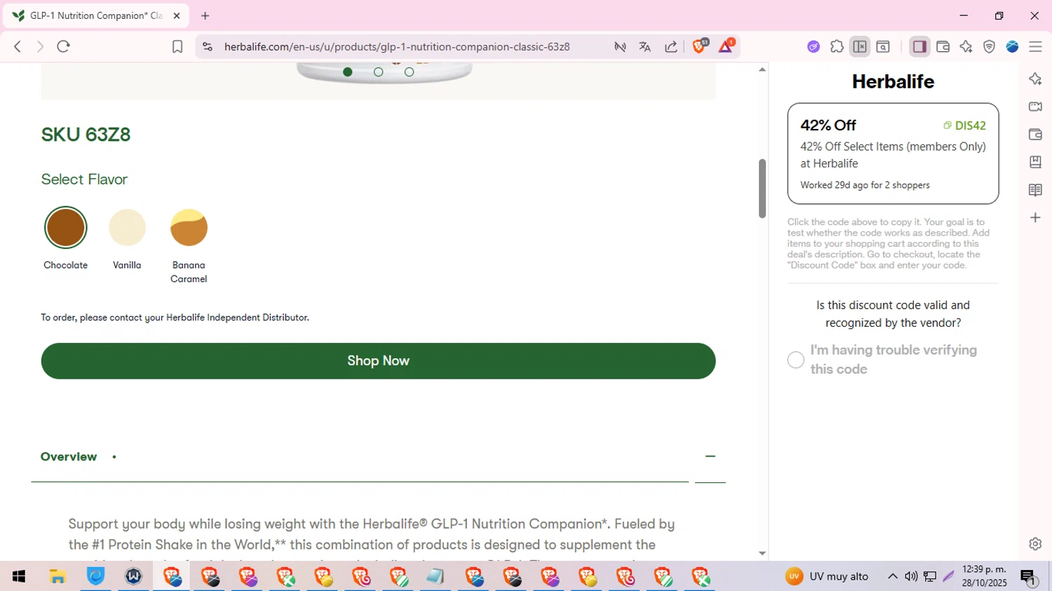 Herbalife discount code screenshot showing code Dis42 applied at Herbalife checkout page. Uploaded by SimplyCodes community member MoneySeeker8573 on Oct 28, 2025