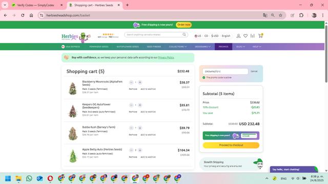 Herbies Seeds checkout page showing Herbies Seeds promo code box | Screenshot taken by SimplyCodes community member on Aug 25, 2025