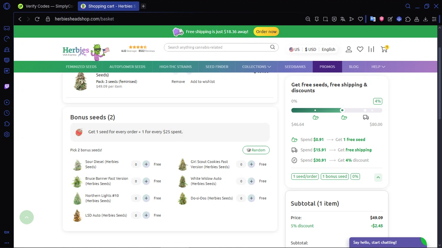 Herbies Seeds promo code screenshot showing code HERBY5 applied at Herbies Seeds checkout page. Uploaded by SimplyCodes community member ACIDOSULFURICO on Dec 21, 2025