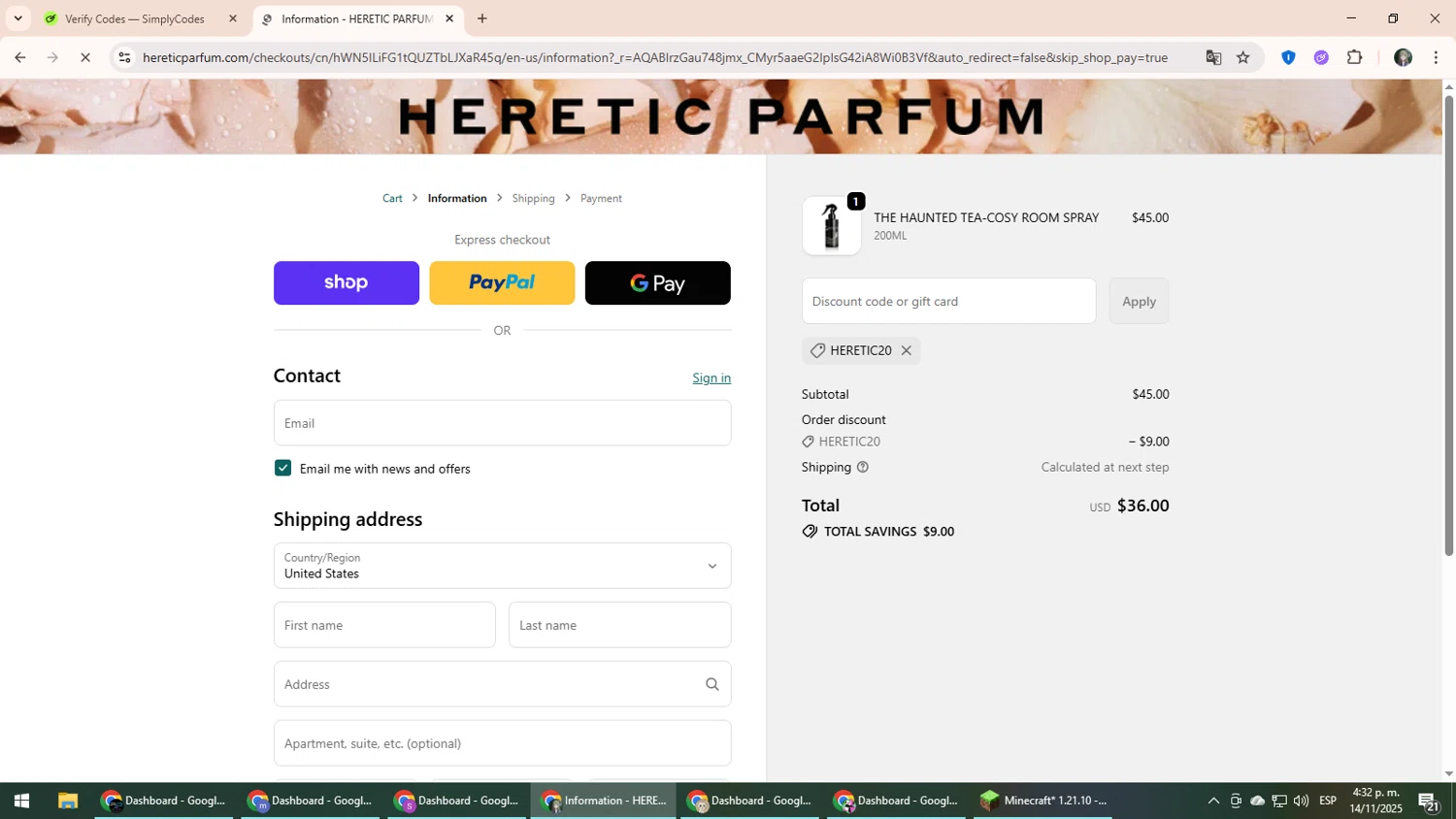 Heretic Parfum discount code screenshot showing code HERETIC20 applied at Heretic Parfum checkout page. Uploaded by SimplyCodes community member CleverLynx6871 on Nov 14, 2025