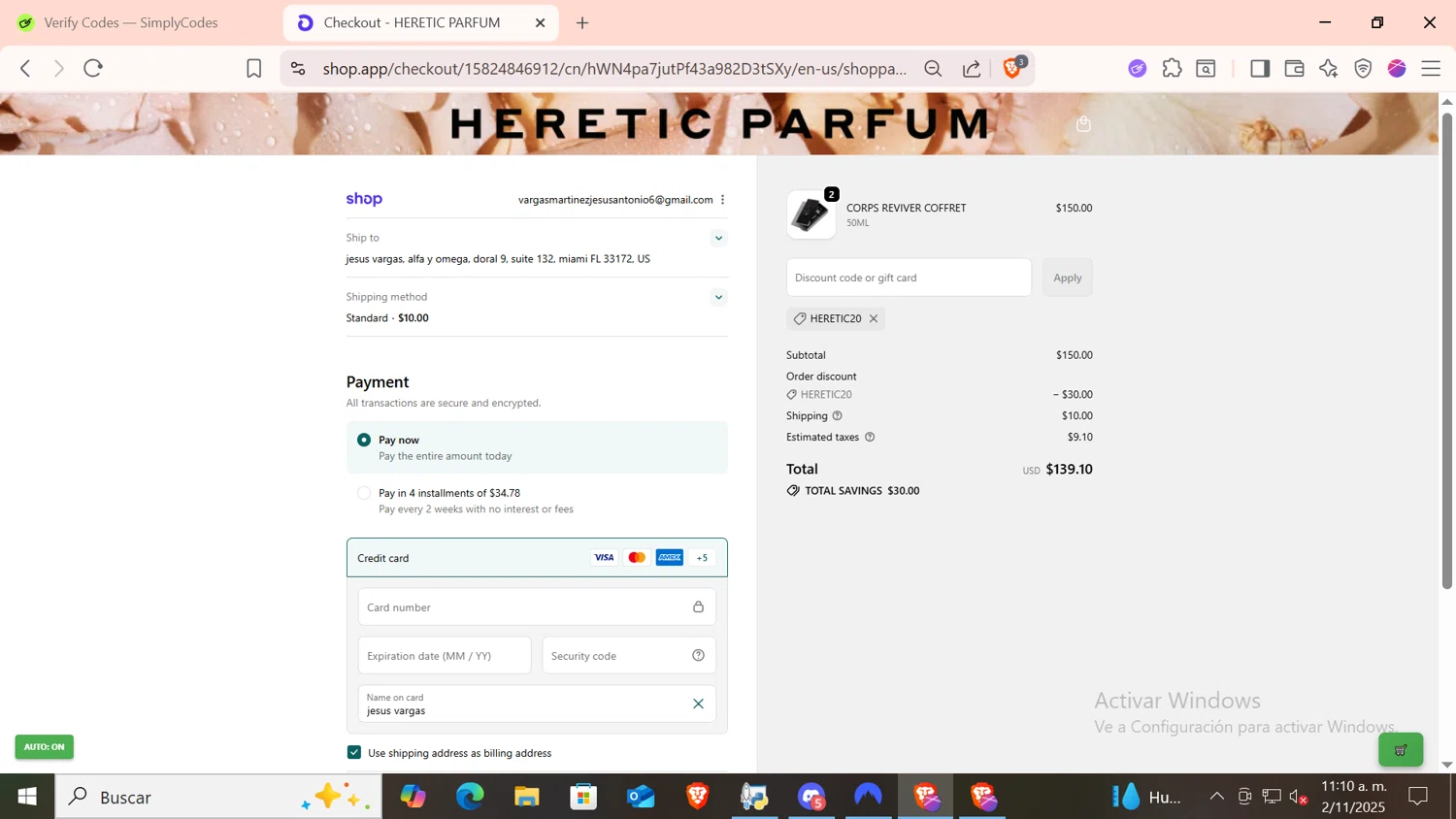 Heretic Parfum discount code screenshot showing code HERETIC20 applied at Heretic Parfum checkout page. Uploaded by SimplyCodes community member CODMOBILE1 on Nov 2, 2025