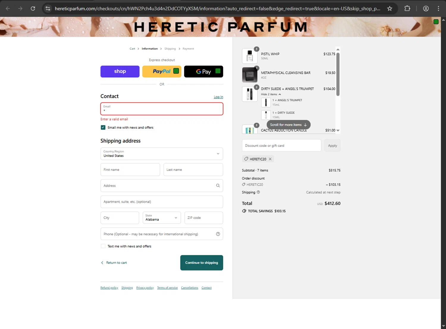 Heretic Parfum discount code screenshot showing code HERETIC20 applied at Heretic Parfum checkout page. Uploaded by SimplyCodes community member MRDEAL on Aug 30, 2025