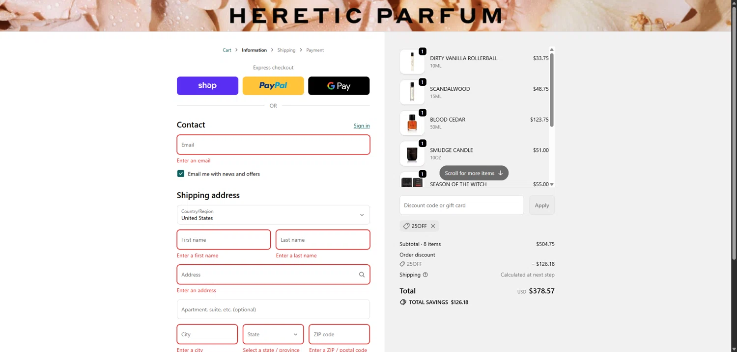 Heretic Parfum discount code screenshot showing code 25OFF applied at Heretic Parfum checkout page. Uploaded by SimplyCodes community member SavvyLion5780 on Dec 13, 2025