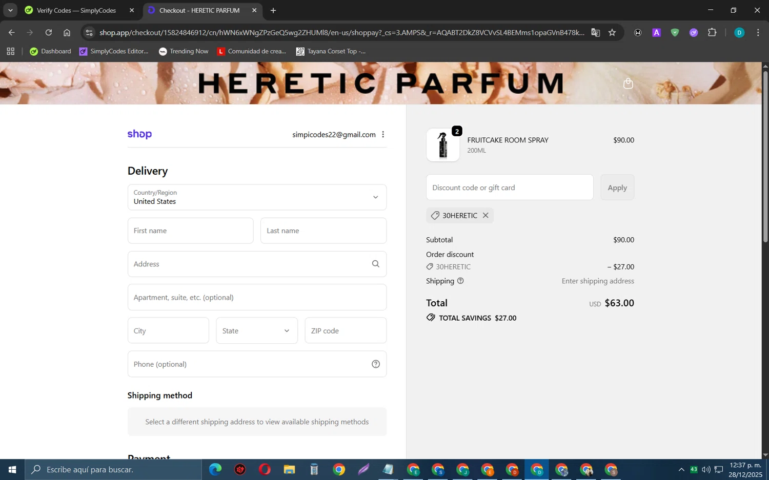 Heretic Parfum discount code screenshot showing code 30HERETIC applied at Heretic Parfum checkout page. Uploaded by SimplyCodes community member MagnificentCollector5368 on Dec 28, 2025