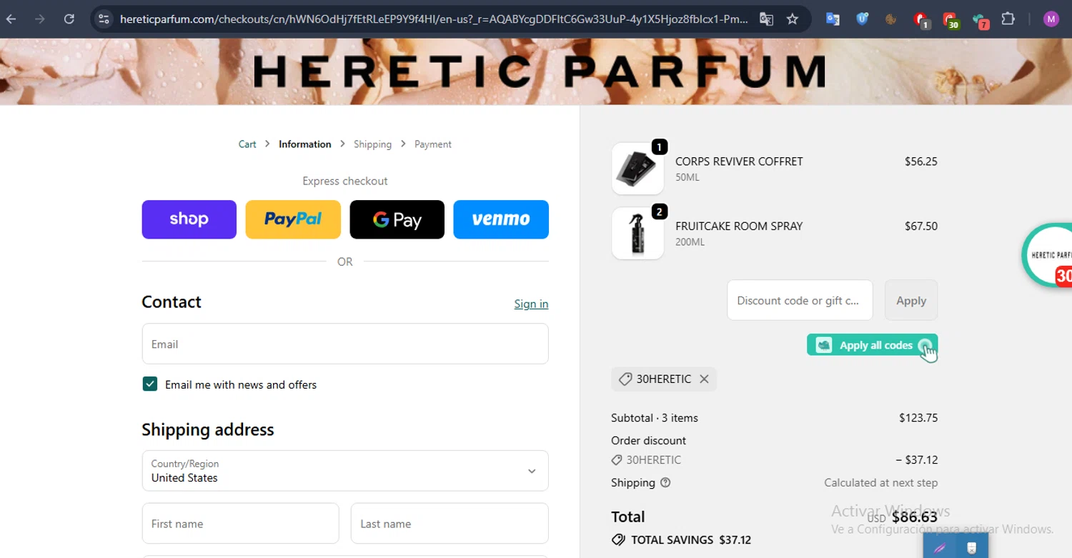 Heretic Parfum discount code screenshot showing code 30HERETIC applied at Heretic Parfum checkout page. Uploaded by SimplyCodes community member MightyNavigator742 on Dec 13, 2025