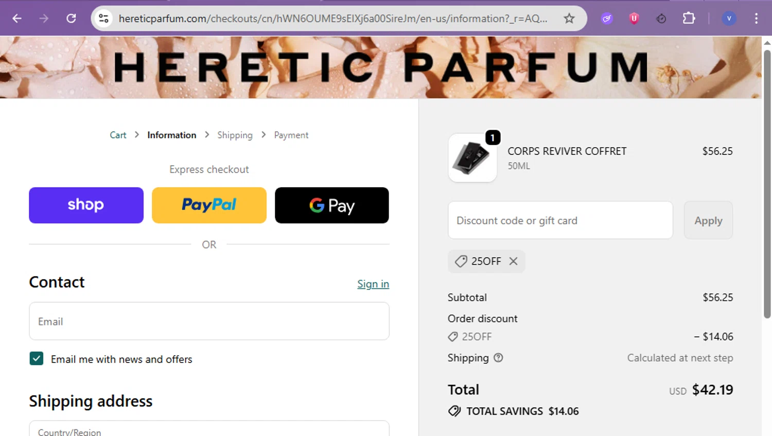 Heretic Parfum discount code screenshot showing code 25OFF applied at Heretic Parfum checkout page. Uploaded by SimplyCodes community member beatrizcastillo on Dec 13, 2025