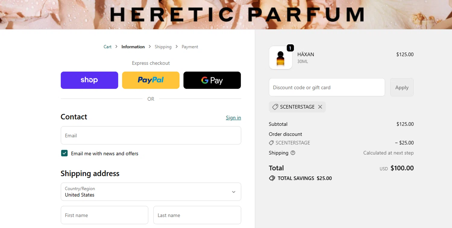 Heretic Parfum discount code screenshot showing code SCENTERSTAGE applied at Heretic Parfum checkout page. Uploaded by SimplyCodes community member juanisaac on Oct 20, 2025