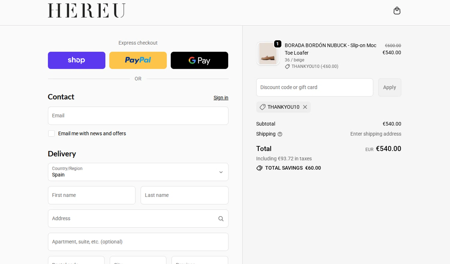 Hereu discount code screenshot showing code THANKYOU10 applied at Hereu checkout page. Uploaded by SimplyCodes community member Dallas on Oct 8, 2025