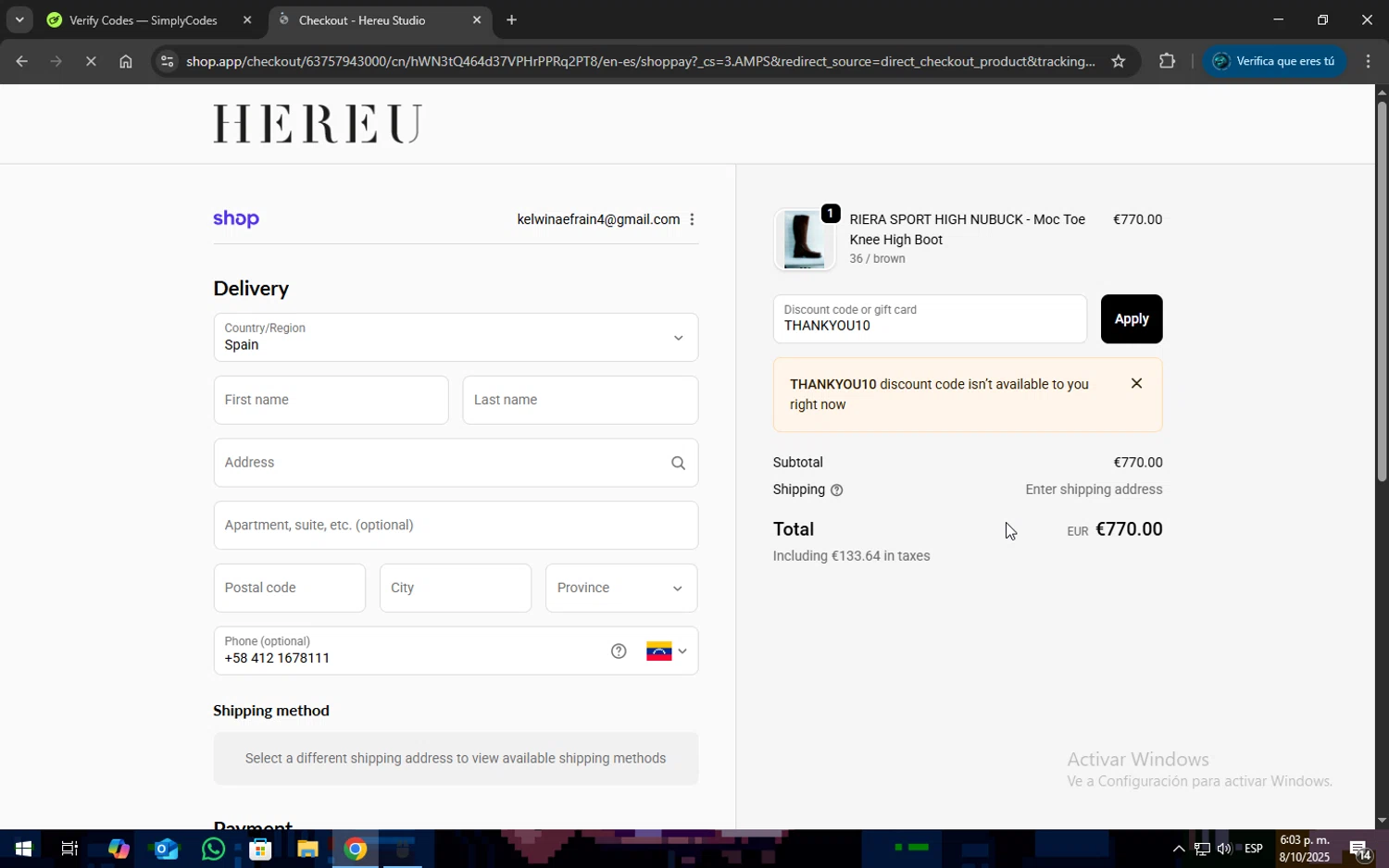 Hereu discount code screenshot showing code THANKYOU10 applied at Hereu checkout page. Uploaded by SimplyCodes community member SOPACONPAN on Oct 8, 2025