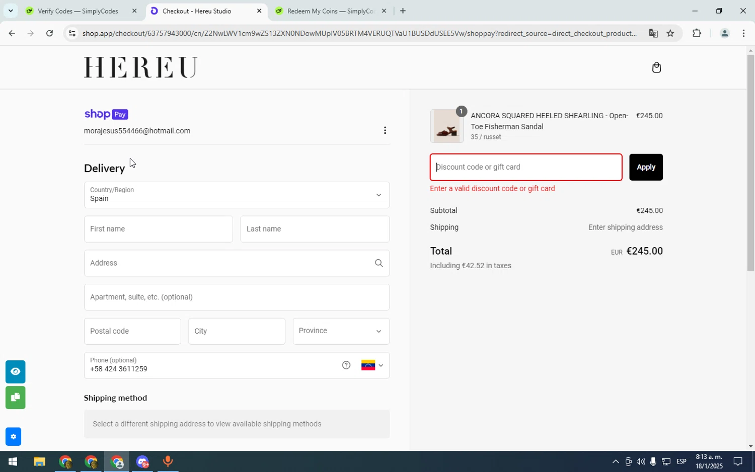 Hereu discount code screenshot showing code MIDSEASONSALEAW24 applied at Hereu checkout page. Uploaded by SimplyCodes community member asdasdasd on Jan 18, 2025