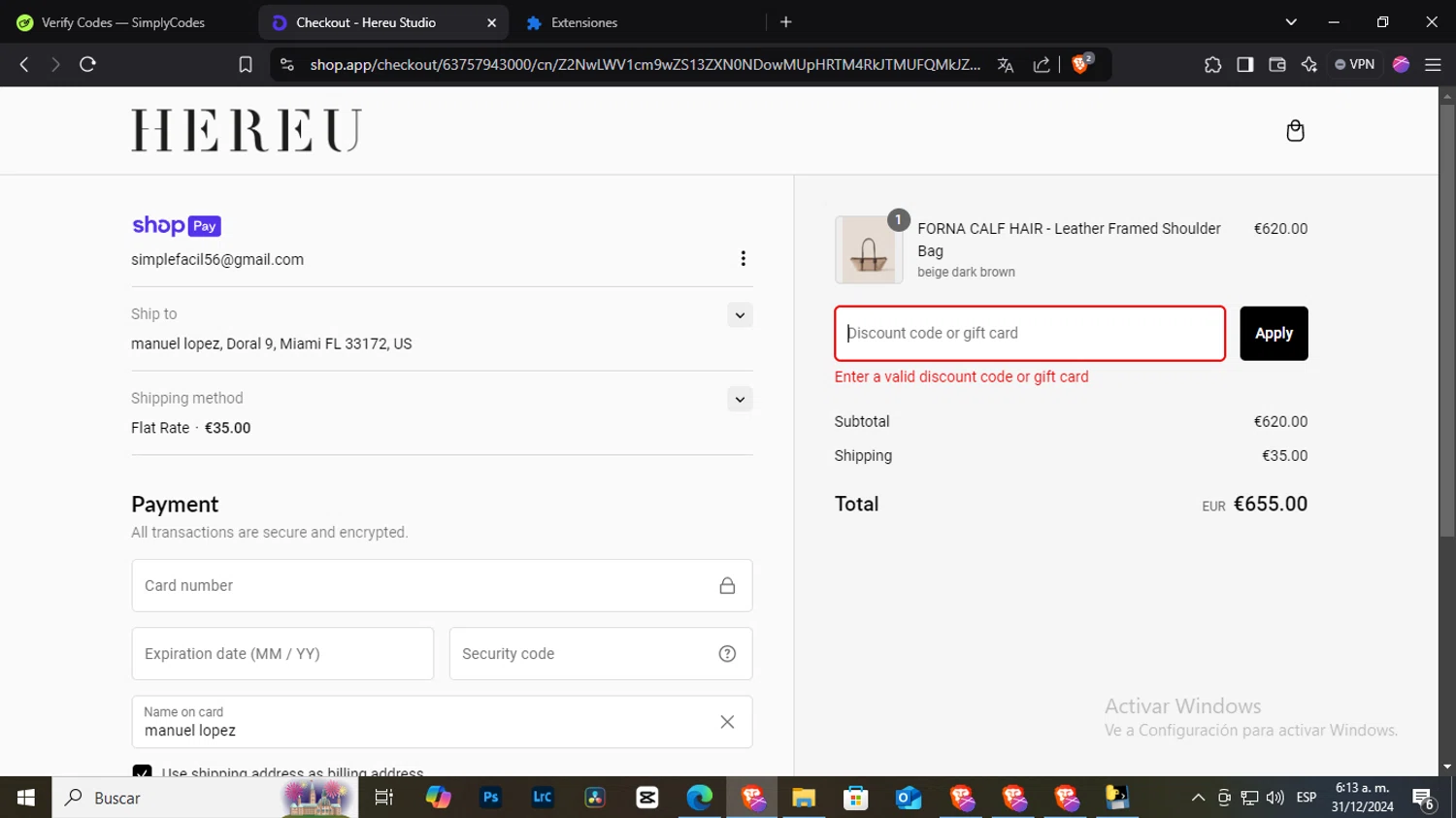 Hereu discount code screenshot showing code PRIVATESALEAW24 applied at Hereu checkout page. Uploaded by SimplyCodes community member NobleLegend6162 on Dec 31, 2024