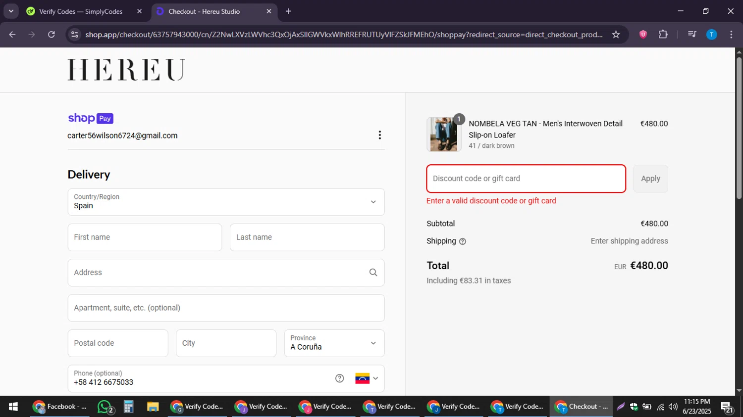Hereu discount code screenshot showing code PRIVATESALESS25 applied at Hereu checkout page. Uploaded by SimplyCodes community member LuckyPioneer4530 on Jun 24, 2025