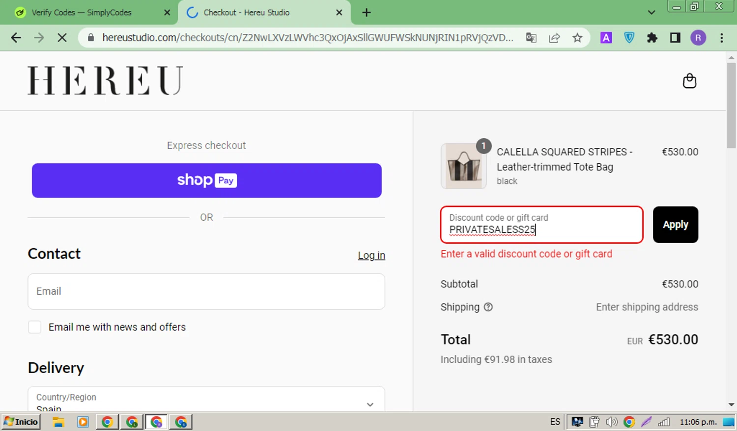 Hereu discount code screenshot showing code PRIVATESALESS25 applied at Hereu checkout page. Uploaded by SimplyCodes community member ThriftyMonarch5789 on Jun 24, 2025