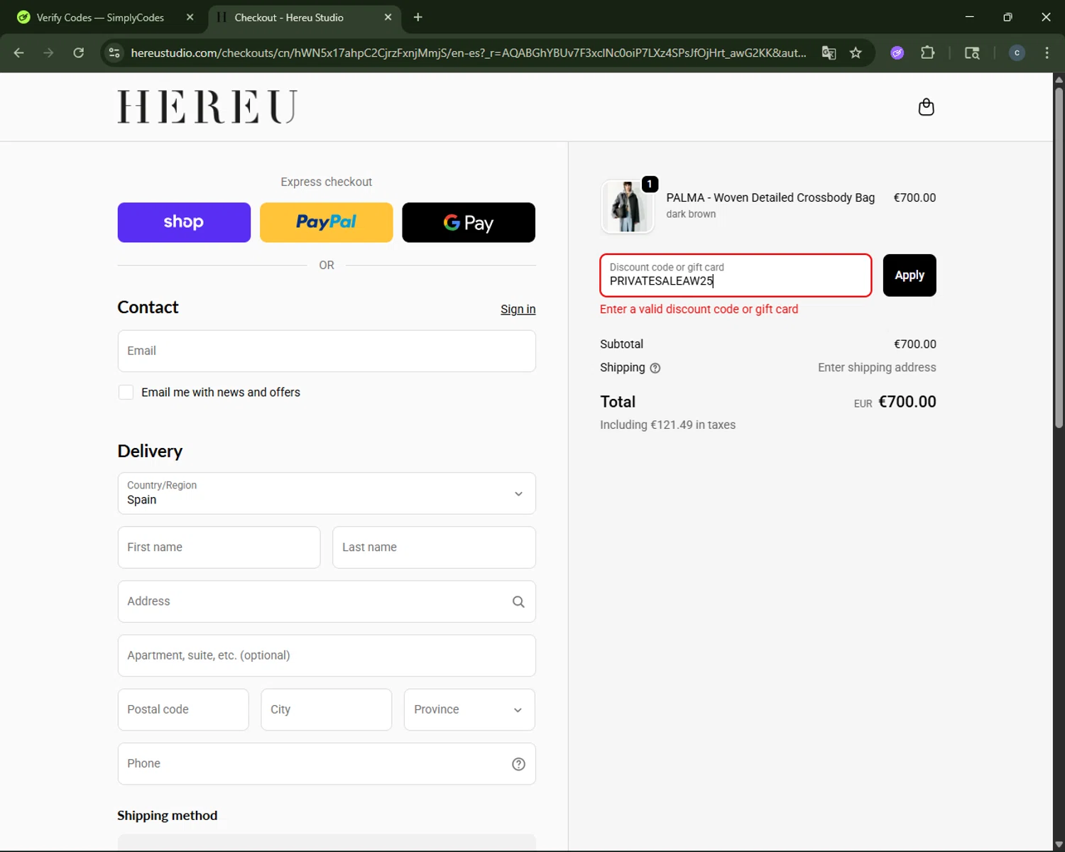 Hereu discount code screenshot showing code PRIVATESALEAW25 applied at Hereu checkout page. Uploaded by SimplyCodes community member CouponAce2971 on Dec 2, 2025