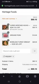 Heritage Foods coupon verification screenshot