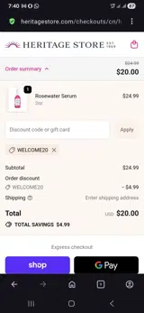 Welcome20 coupon verification screenshot