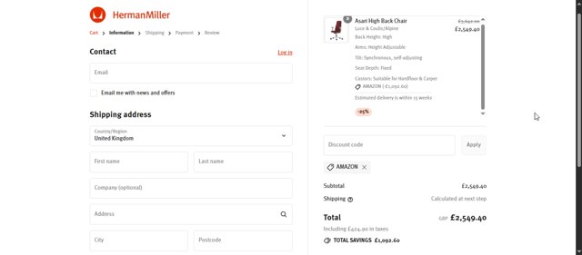 Herman Miller checkout page showing Herman Miller promo code box | Screenshot taken by SimplyCodes community member on Sep 2, 2025