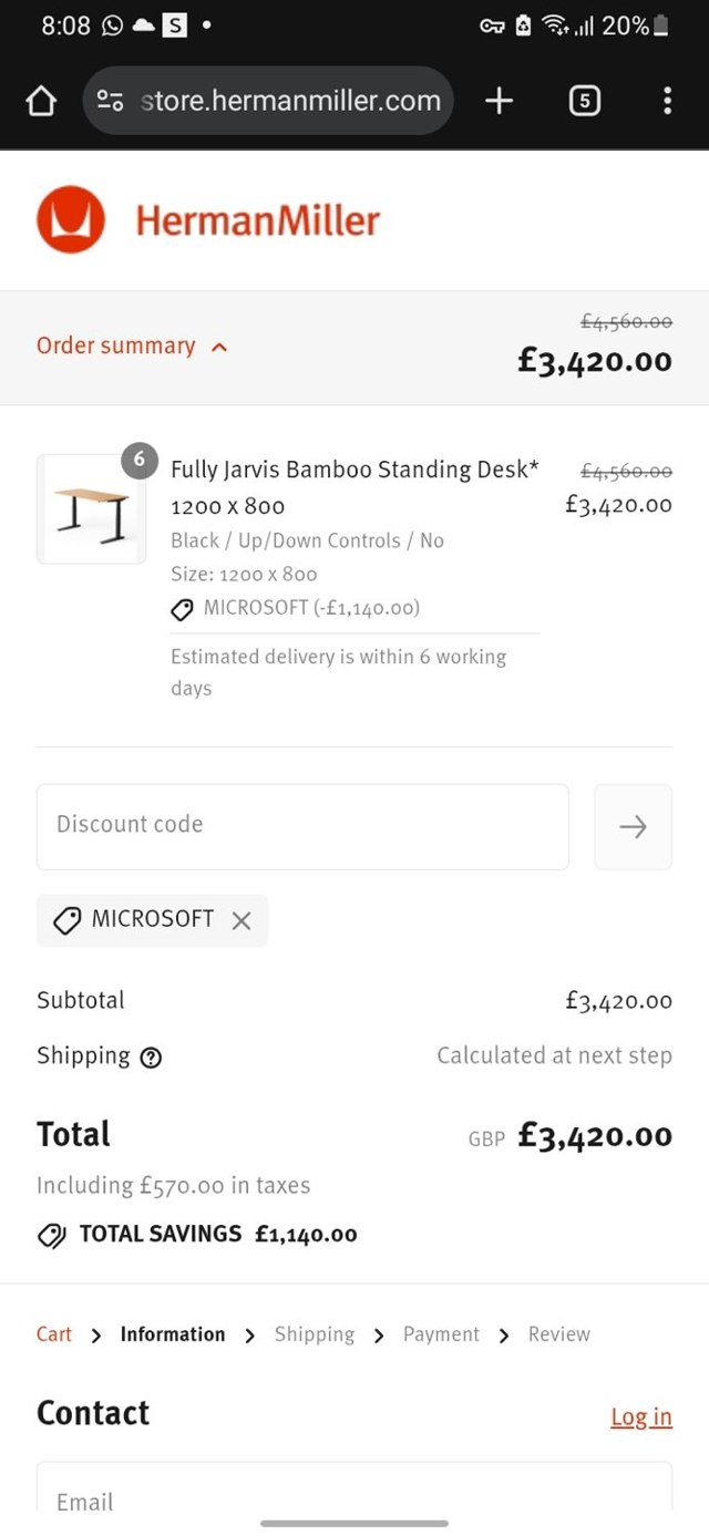 Herman Miller checkout page showing Herman Miller promo code box | Screenshot taken by SimplyCodes community member on Aug 25, 2025