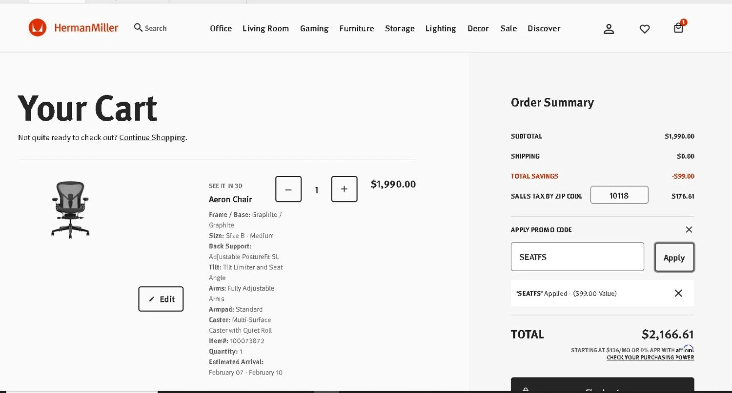 Herman Miller promo code screenshot showing code SEATFS applied at Herman Miller checkout page. Uploaded by SimplyCodes community member LAMINEJAMAL on Jan 31, 2026