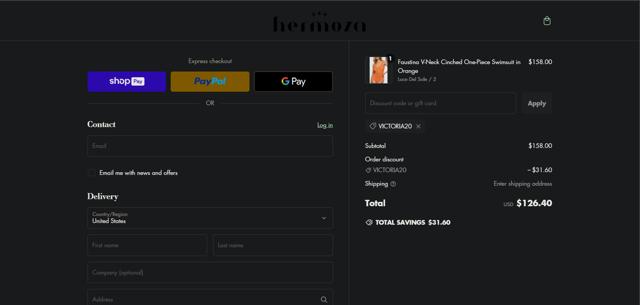 Hermoza checkout page showing Hermoza discount code box | Screenshot taken by SimplyCodes community member on Jan 14, 2025
