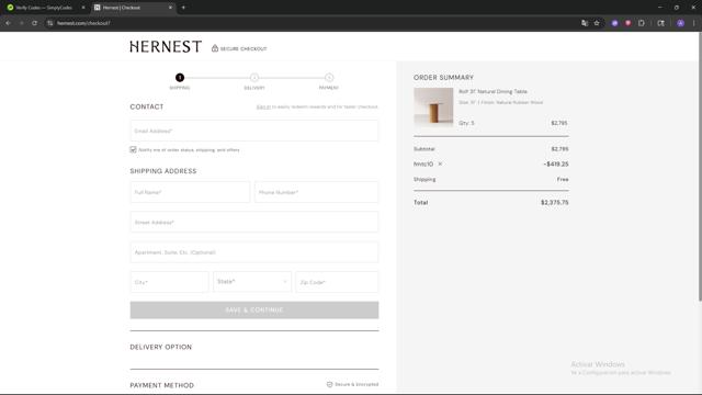 Hernest checkout page showing Hernest coupon code box | Screenshot taken by SimplyCodes community member on Sep 11, 2025