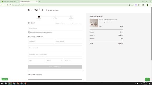 Hernest checkout page showing Hernest coupon code box | Screenshot taken by SimplyCodes community member on Sep 11, 2025