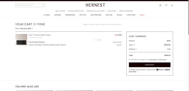 Hernest checkout page showing Hernest coupon code box | Screenshot taken by SimplyCodes community member on Sep 15, 2025