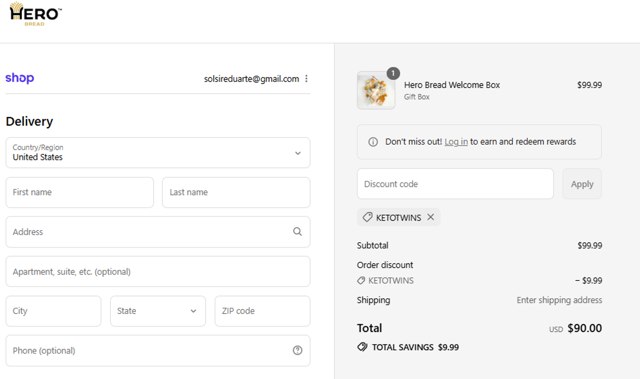 Hero Bread checkout page showing Hero Bread discount code box | Screenshot taken by SimplyCodes community member on Sep 7, 2025