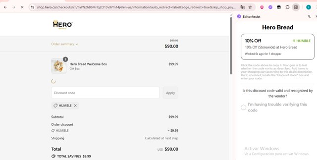 Hero Bread checkout page showing Hero Bread discount code box | Screenshot taken by SimplyCodes community member on Sep 7, 2025