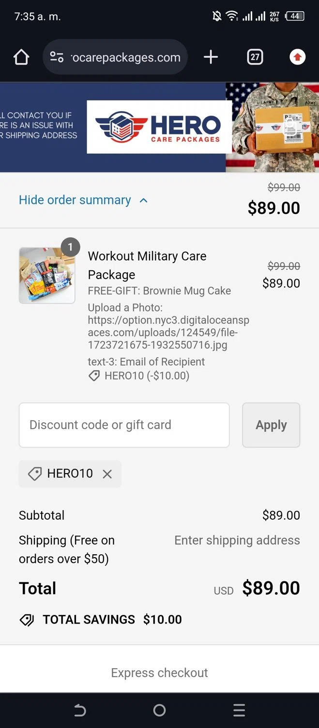 where to use Hero Care Packages promo code box