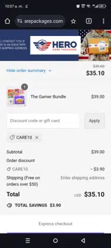 Care10 coupon verification screenshot