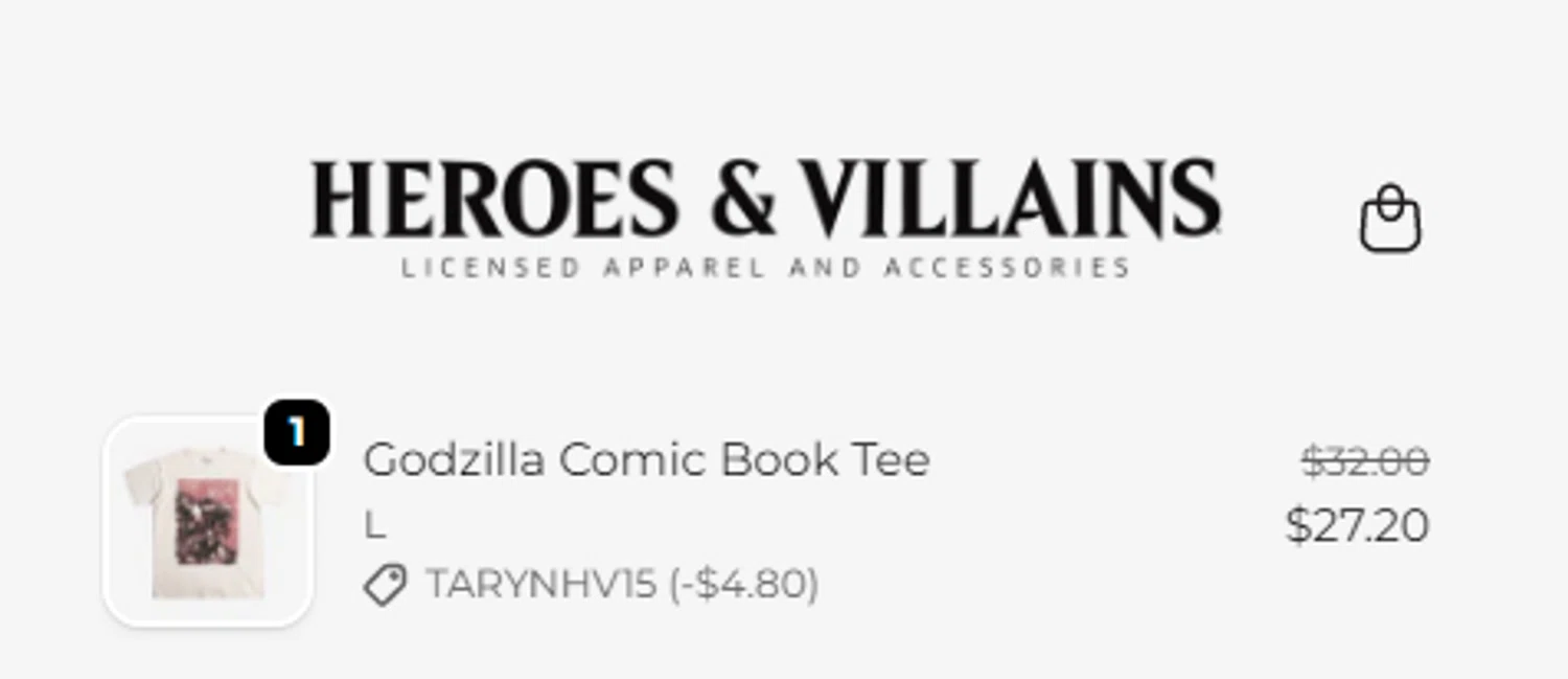 Heroes & Villains promo code screenshot showing code TARYNHV15 applied at Heroes & Villains checkout page. Uploaded by SimplyCodes community member RonaldAcunaJr on Feb 5, 2026