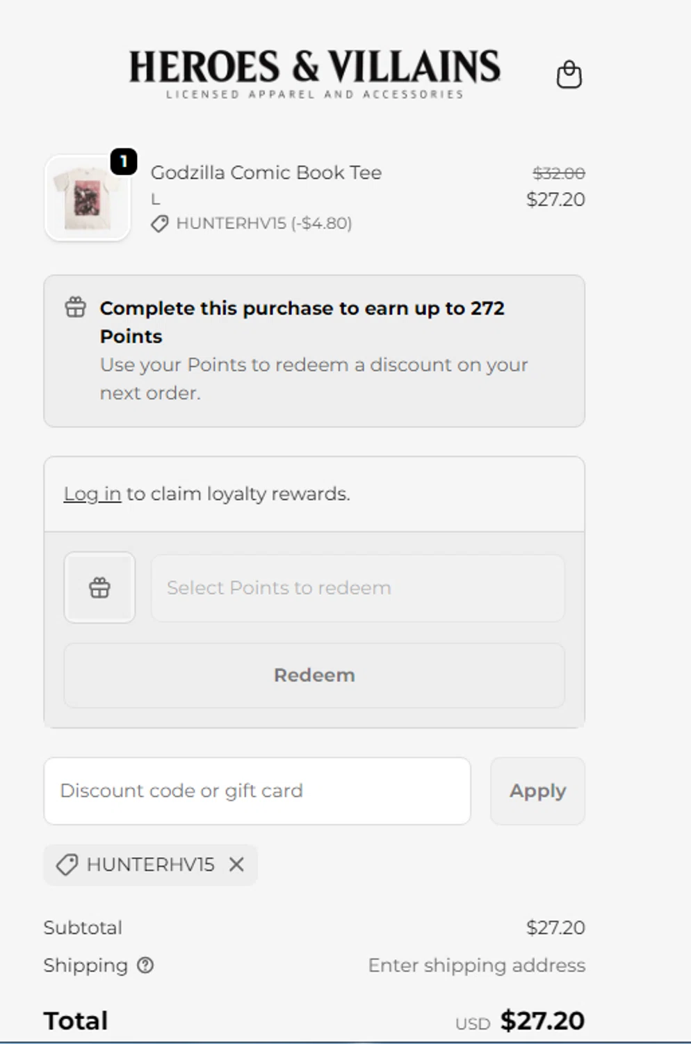 Heroes & Villains promo code screenshot showing code HUNTERHV15 applied at Heroes & Villains checkout page. Uploaded by SimplyCodes community member RonaldAcunaJr on Feb 5, 2026
