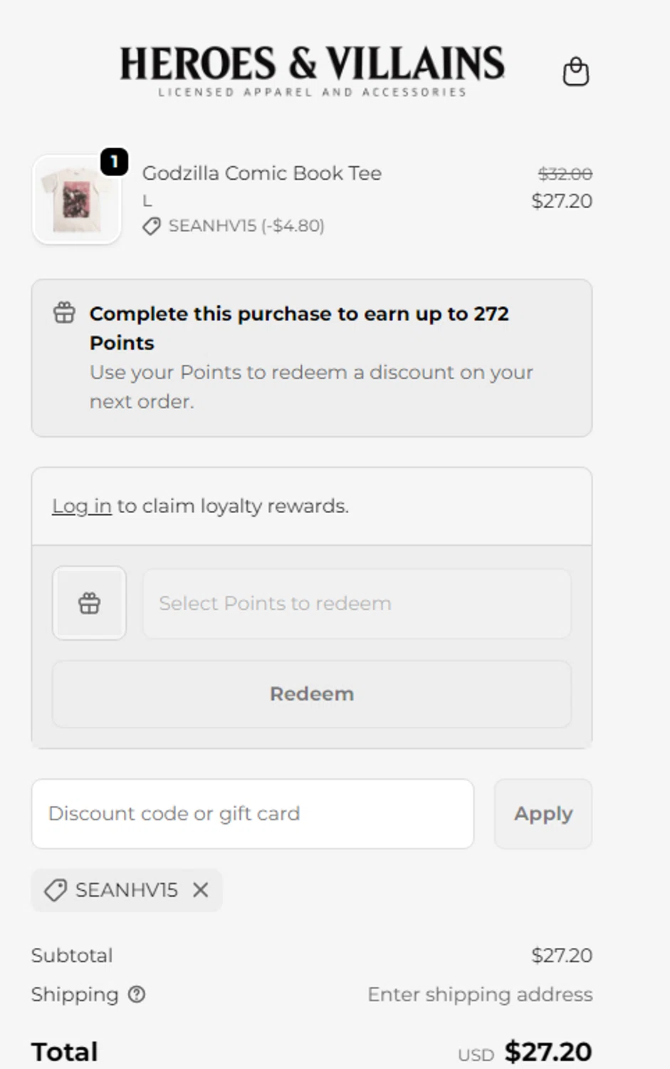 Heroes & Villains promo code screenshot showing code SEANHV15 applied at Heroes & Villains checkout page. Uploaded by SimplyCodes community member RonaldAcunaJr on Feb 5, 2026