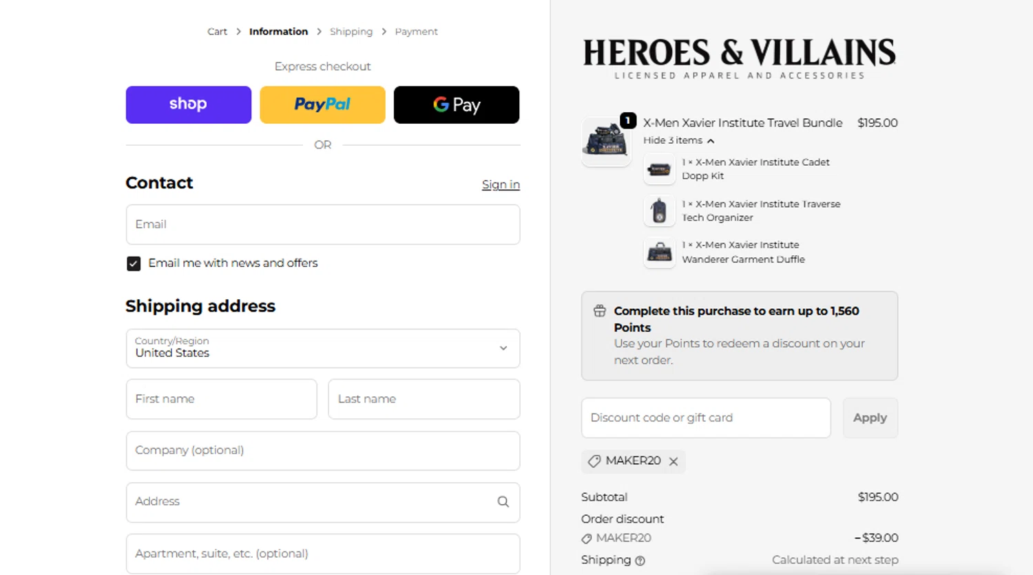 Heroes & Villains promo code screenshot showing code MAKER20 applied at Heroes & Villains checkout page. Uploaded by SimplyCodes community member anosesmith on Nov 24, 2025