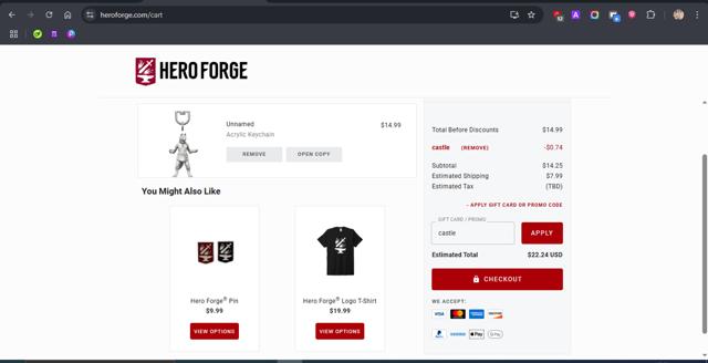 Hero Forge checkout page showing Hero Forge promo code box | Screenshot taken by SimplyCodes community member on Aug 14, 2025
