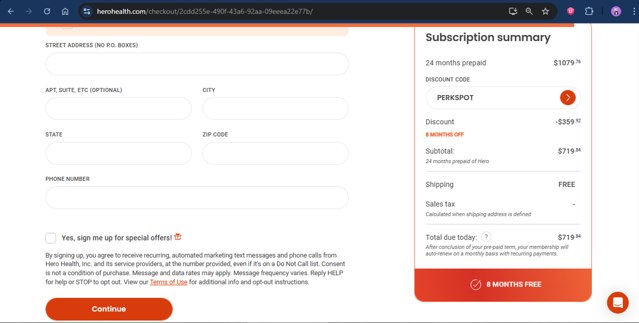 Hero Health checkout page showing Hero Health promo code box | Screenshot taken by SimplyCodes community member on Aug 25, 2025