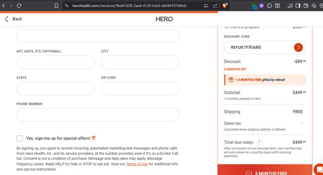 Hero Health checkout page showing Hero Health promo code box | Screenshot taken by SimplyCodes community member on Sep 8, 2025