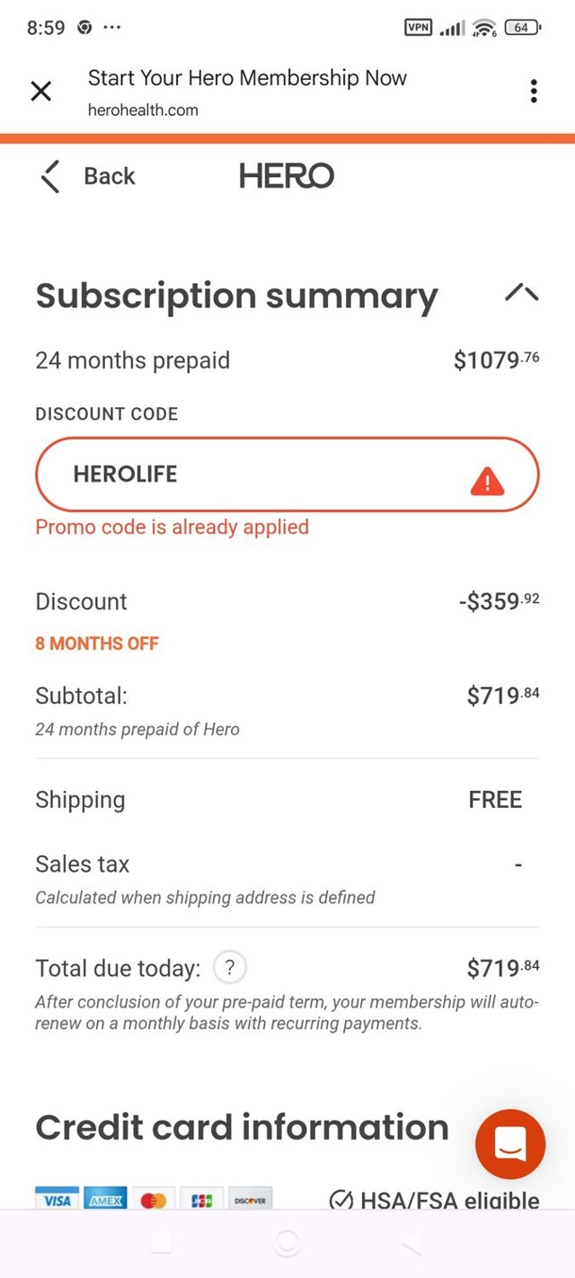 Hero Health checkout page showing Hero Health promo code box | Screenshot taken by SimplyCodes community member on Aug 17, 2025