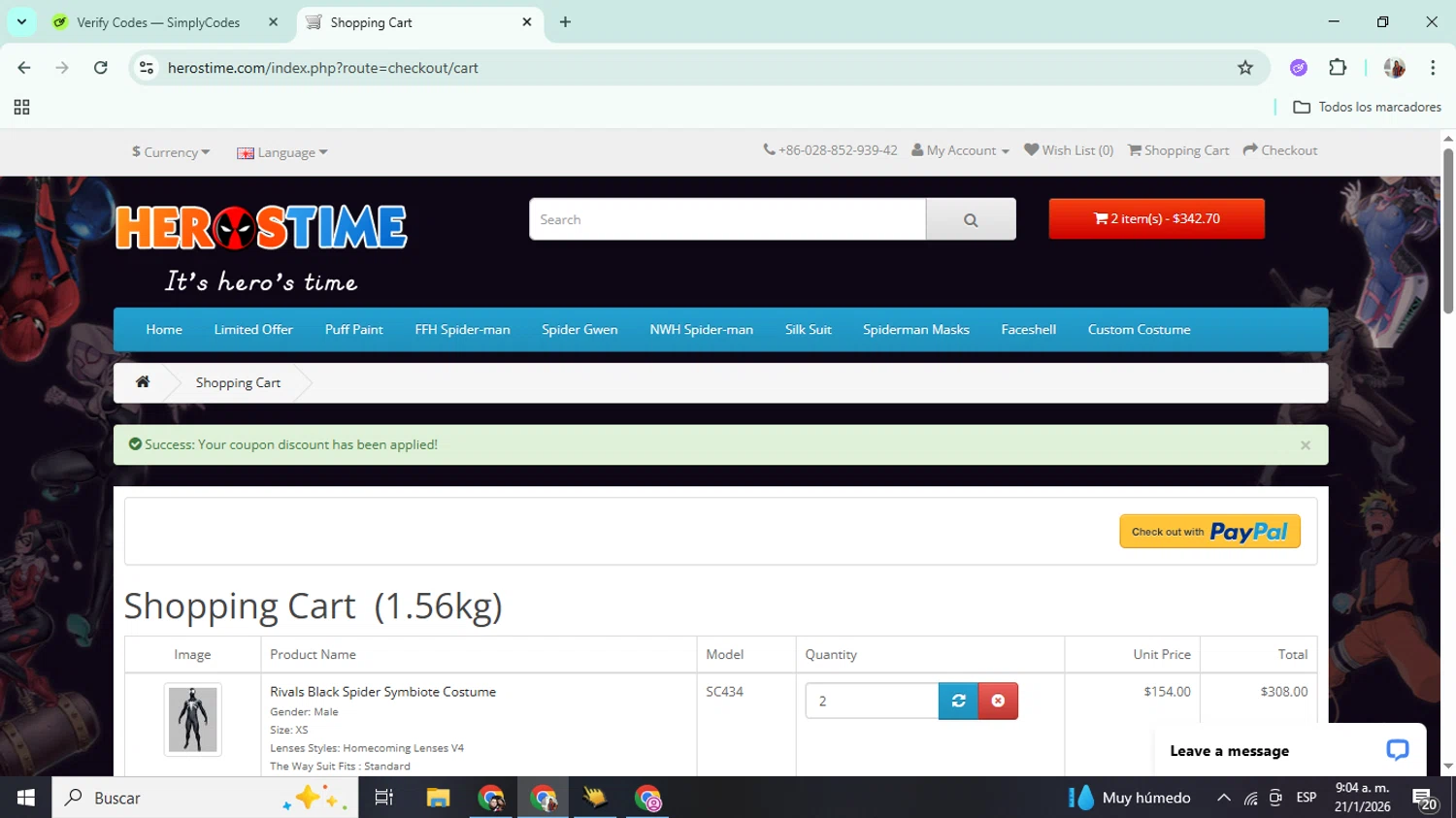 Herostime coupon code screenshot showing code WELCOMENEW applied at Herostime checkout page. Uploaded by SimplyCodes community member Mujerdejunnior on Jan 21, 2026