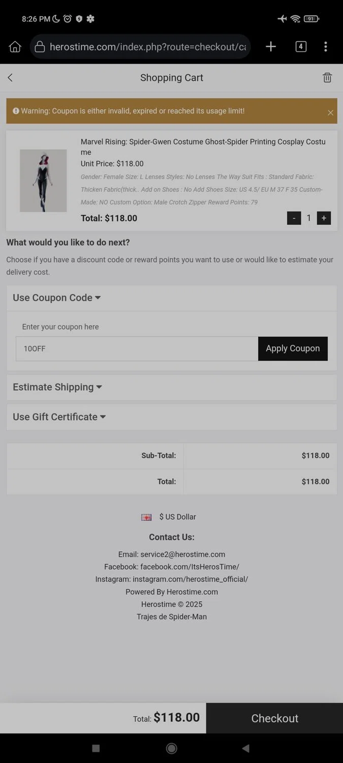 Herostime coupon code screenshot showing code 10OFF applied at Herostime checkout page. Uploaded by SimplyCodes community member WonderW on Feb 17, 2025