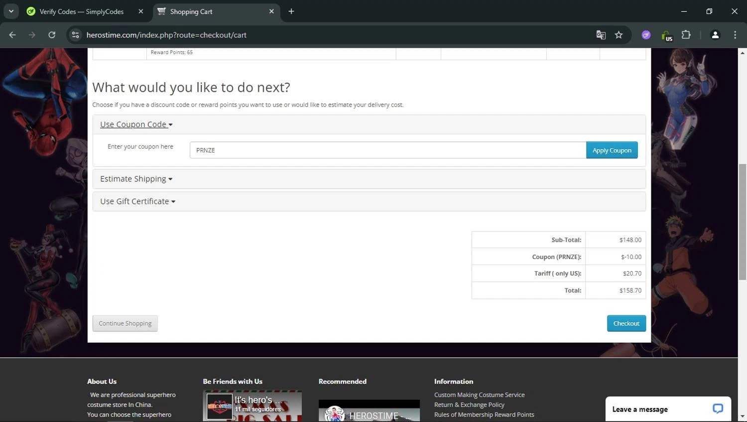 Herostime coupon code screenshot showing code PRNZE applied at Herostime checkout page. Uploaded by SimplyCodes community member RoyalOwl5790 on Aug 12, 2025