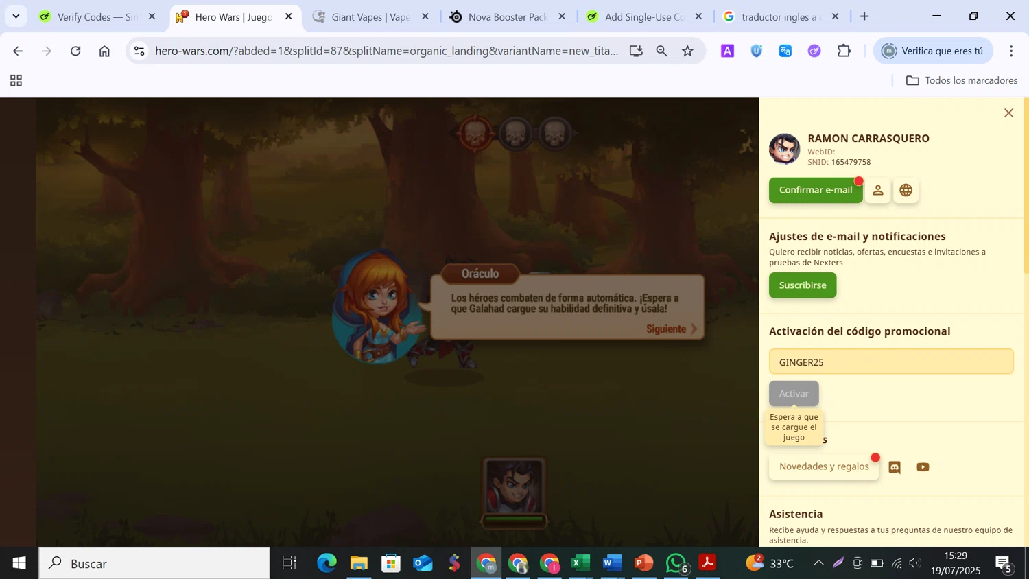 Hero Wars promo code screenshot showing code GINGER25 applied at Hero Wars checkout page. Uploaded by SimplyCodes community member MANUELURBINA on Jul 19, 2025